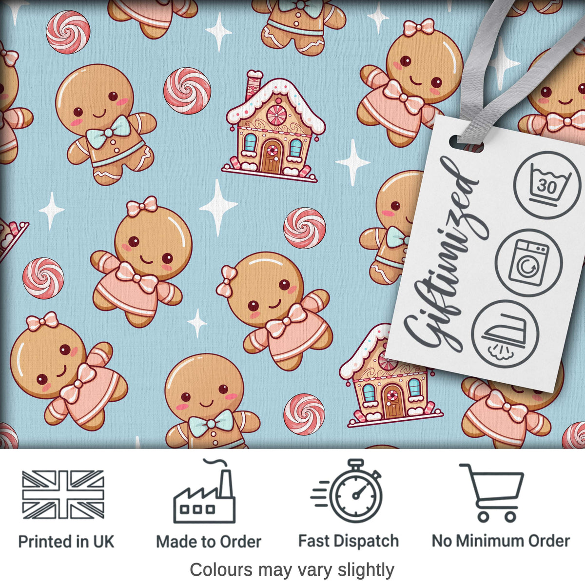 Cute Gingerbread Cookies Candy Stars Blue Background Seamless Pattern Digital Print Fabric by the Metre UK Sewing Quilting Textile