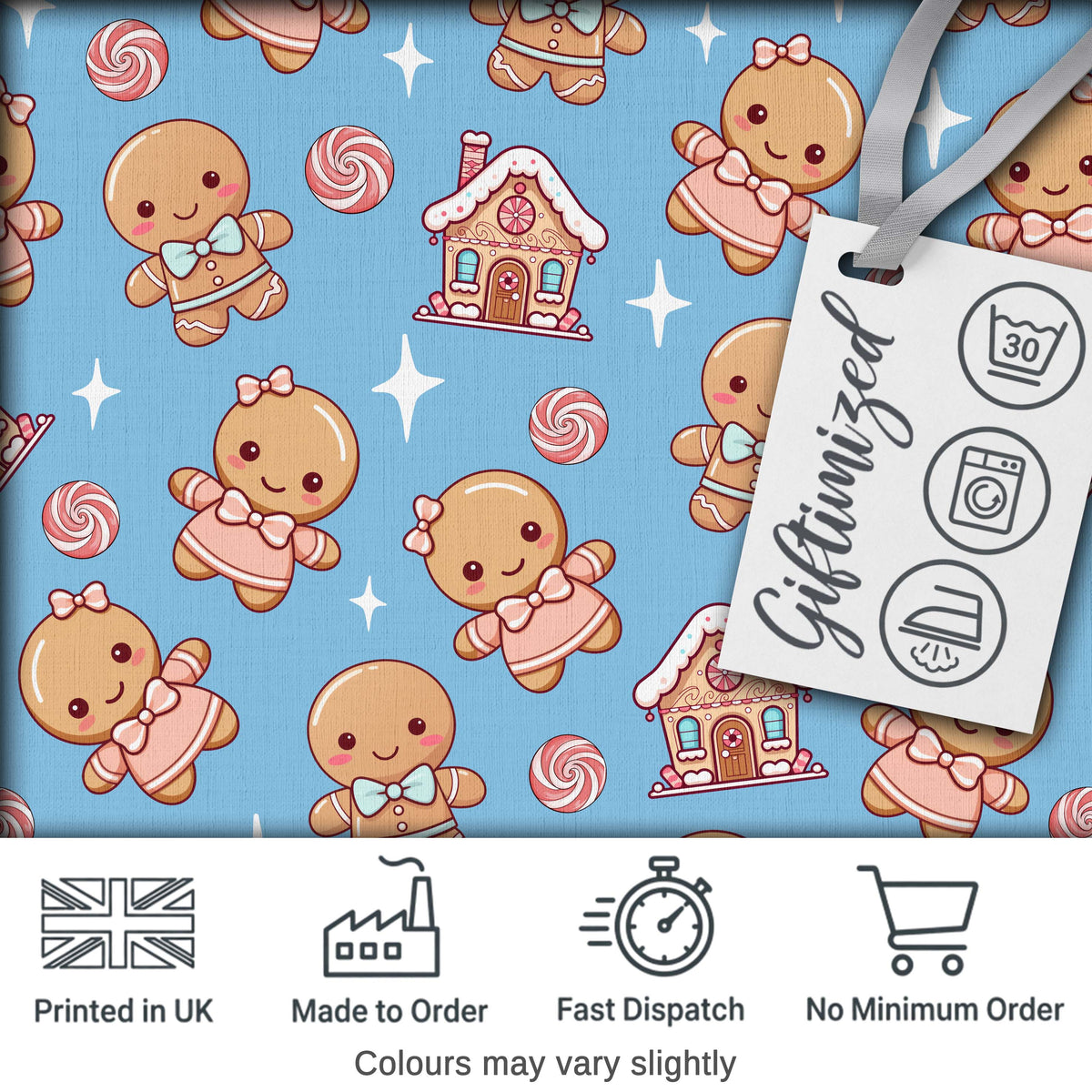 Cute Gingerbread Cookies Candy House Sweets Blue Background Seamless Pattern Digital Print Fabric by the Metre UK Sewing Quilting Textile