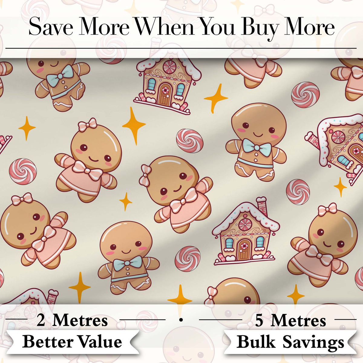 Cute Gingerbread Cookies Candy House Sweets Cream Background Seamless Pattern Digital Print Fabric by the Metre UK Sewing Quilting Textile