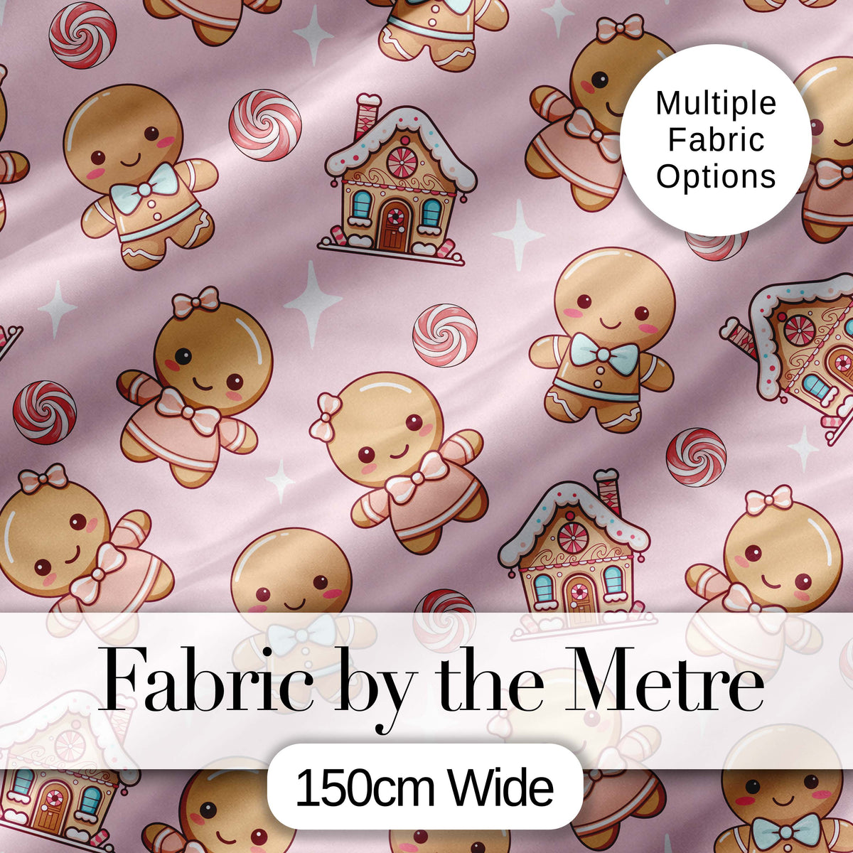 Gingerbread Cookies Candy House Sweets Blush Pink Background Seamless Pattern Digital Print Fabric by the Metre UK Sewing Quilting Textile