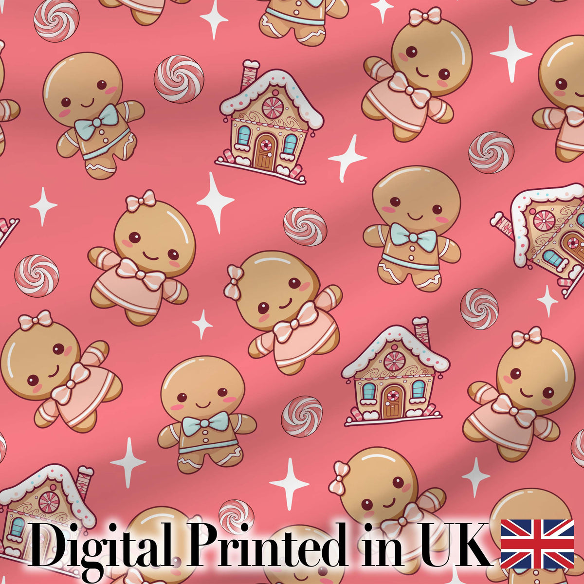 Cute Gingerbread Cookies Candy House Sweets Red Background Seamless Pattern Digital Print Fabric by the Metre UK Sewing Quilting Textile