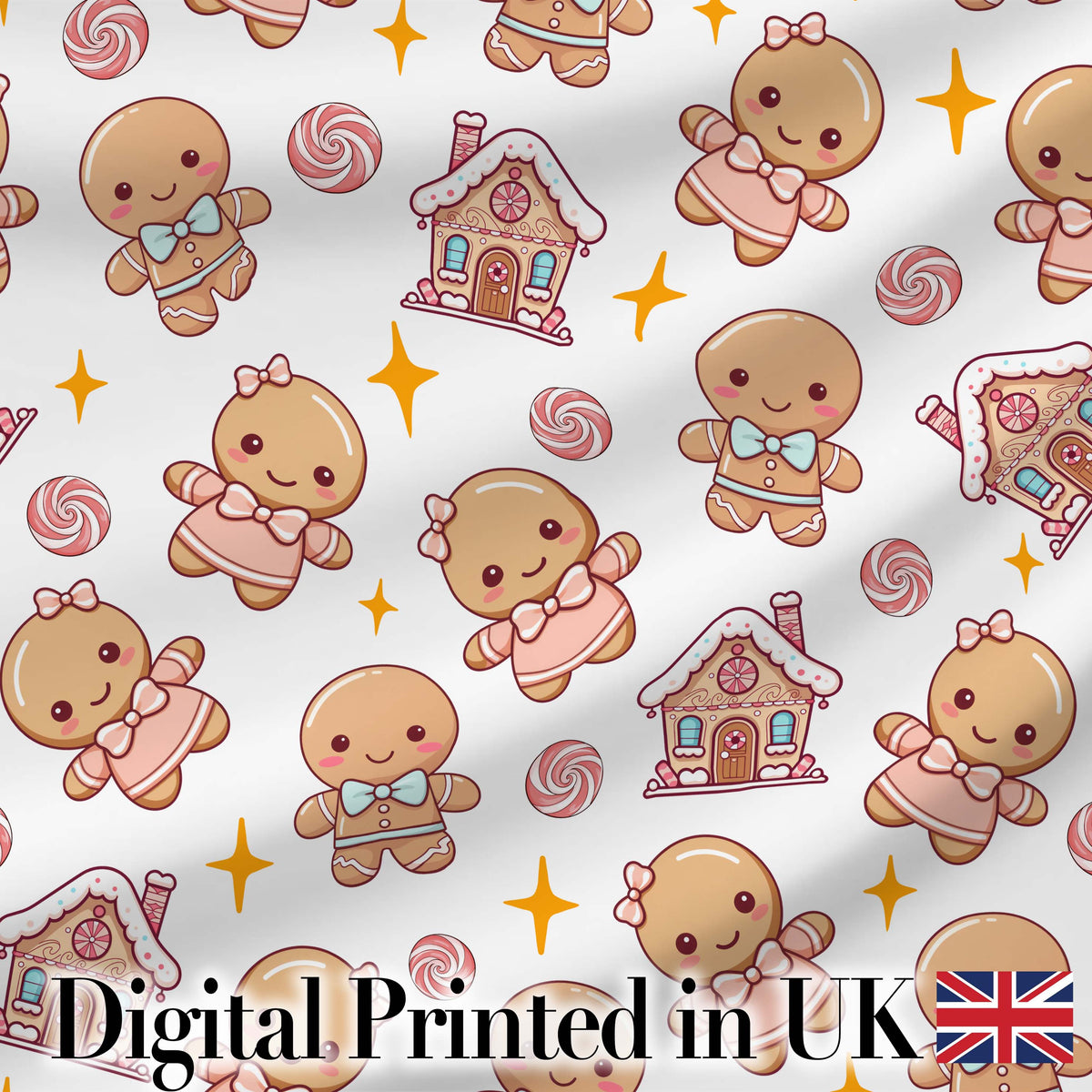 Cute Gingerbread Cookies Candy House Sweets White Background Seamless Pattern Digital Print Fabric by the Metre UK Sewing Quilting Textile