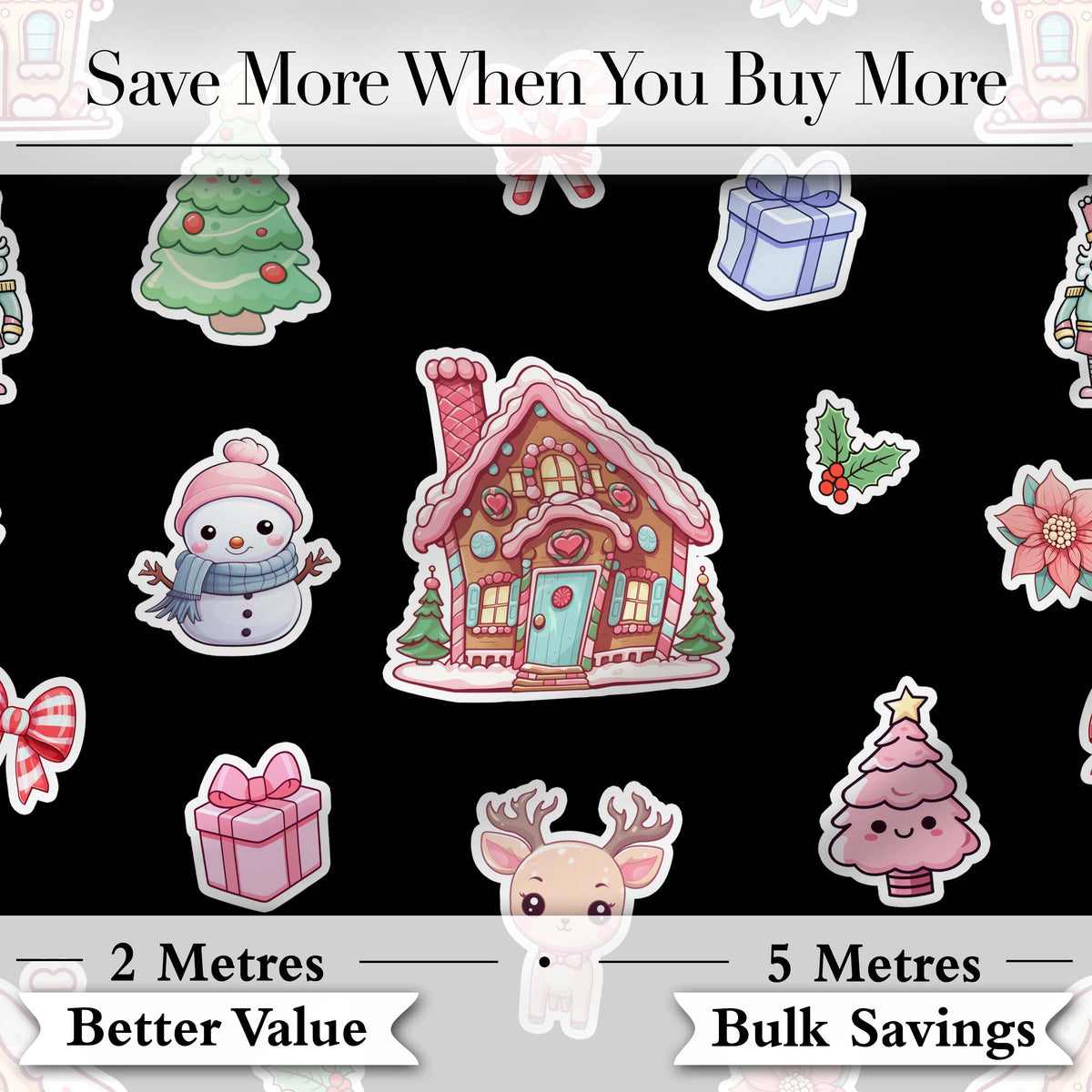 Christmas Gingerbread House Snowman Deer Seamless Pattern Black Background Digital Print Fabric by the Metre UK Sewing Quilting Textile