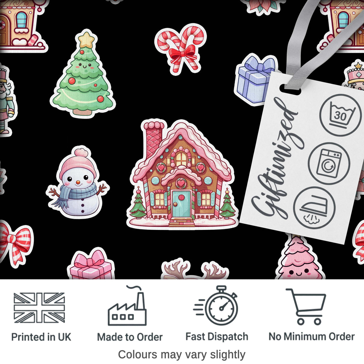 Christmas Gingerbread House Snowman Deer Seamless Pattern Black Background Digital Print Fabric by the Metre UK Sewing Quilting Textile