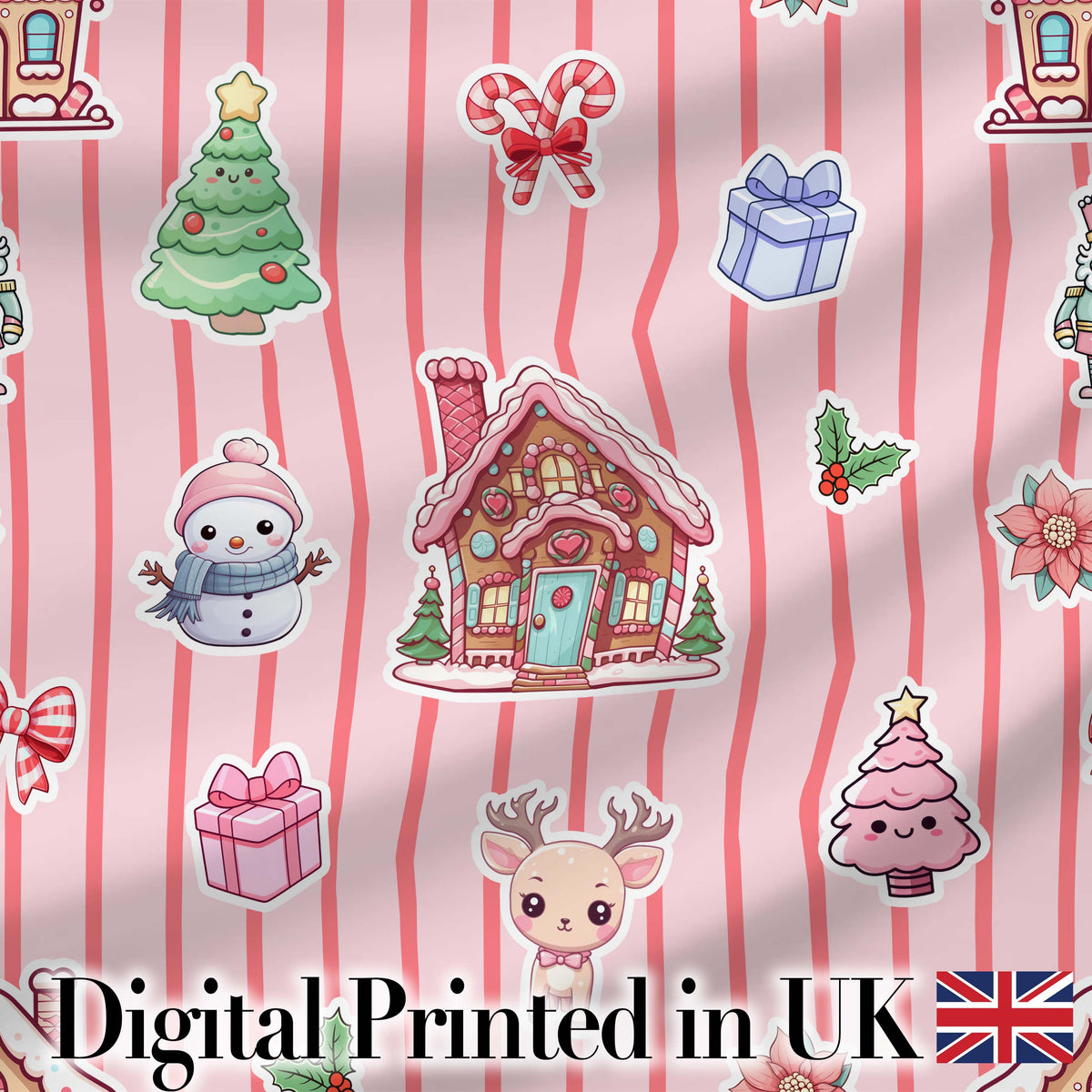 Christmas Gingerbread House Snowman Seamless Pattern Pink Stripe Background Digital Print Fabric by the Metre UK Sewing Quilting Textile