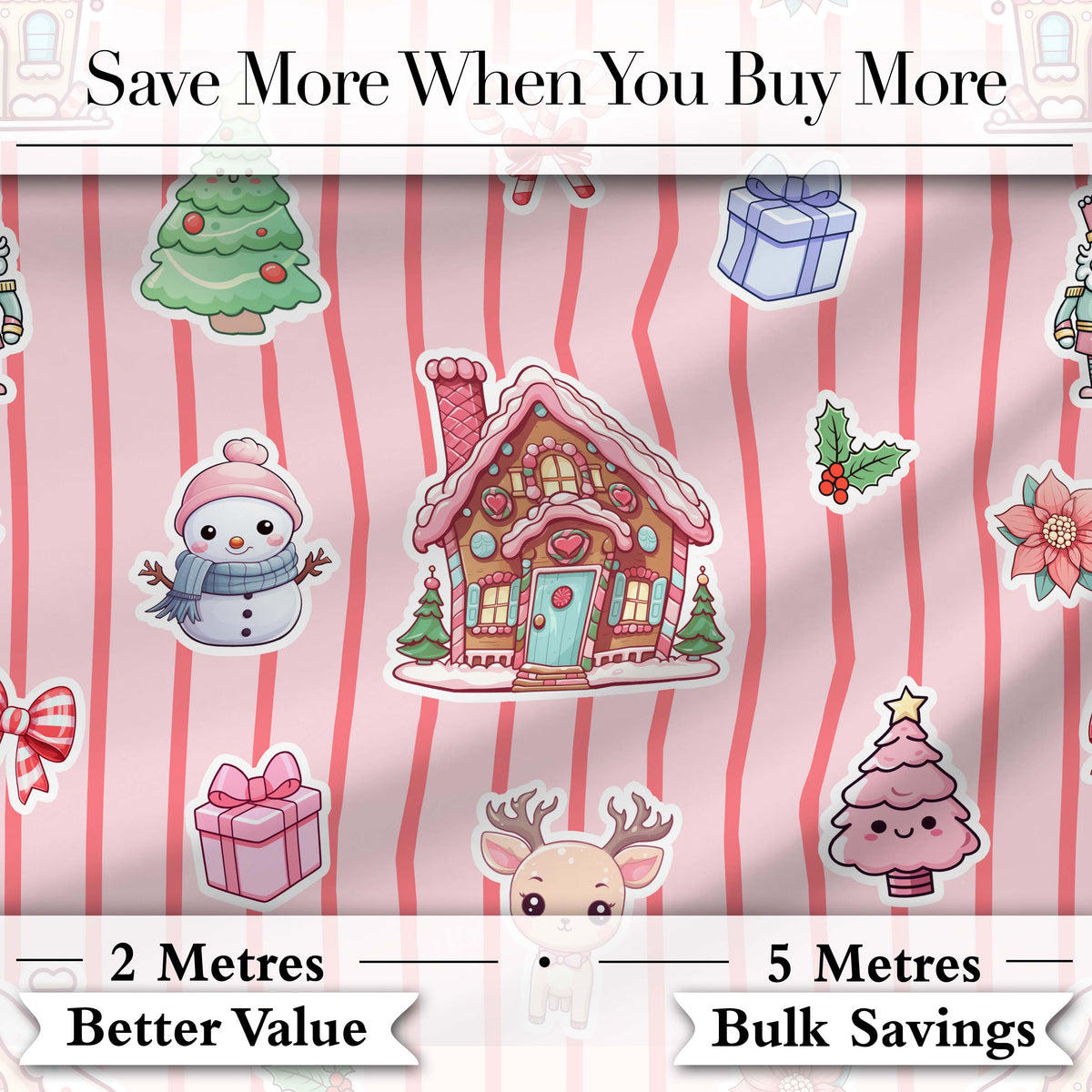 Christmas Gingerbread House Snowman Seamless Pattern Pink Stripe Background Digital Print Fabric by the Metre UK Sewing Quilting Textile