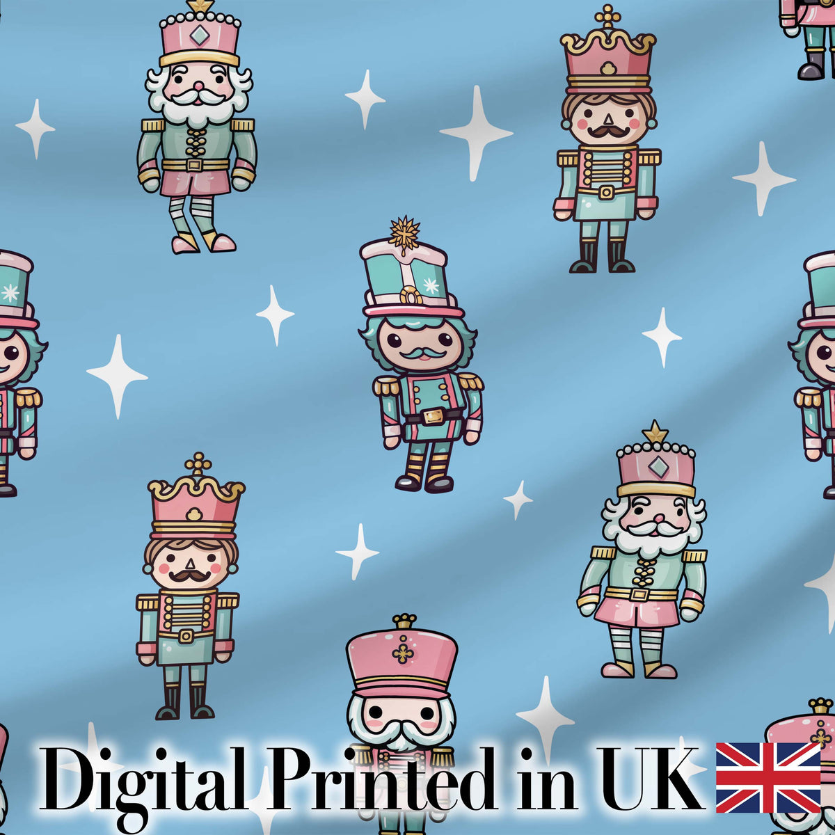 Nutcracker Soldiers Pastel Christmas Seamless Pattern Sky Blue Background Digital Print Fabric by the Metre UK Sewing Quilting Textile