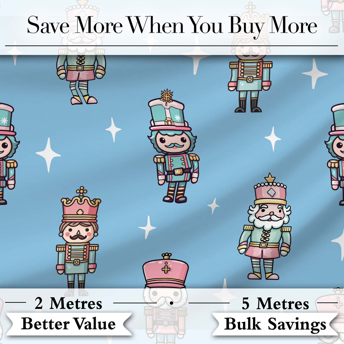 Nutcracker Soldiers Pastel Christmas Seamless Pattern Sky Blue Background Digital Print Fabric by the Metre UK Sewing Quilting Textile