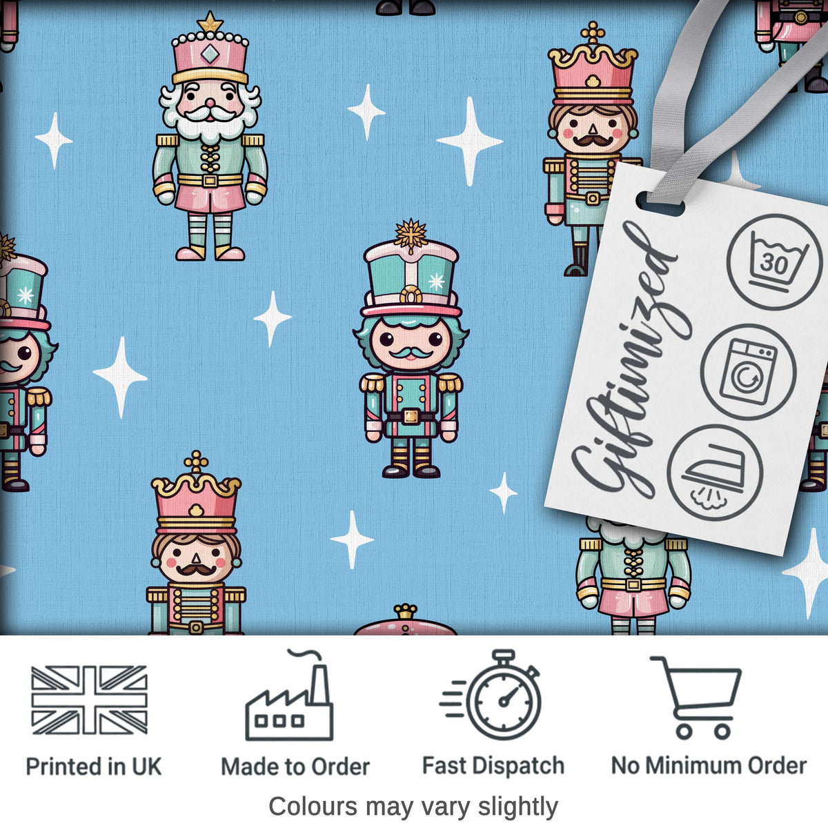 Nutcracker Soldiers Pastel Christmas Seamless Pattern Sky Blue Background Digital Print Fabric by the Metre UK Sewing Quilting Textile