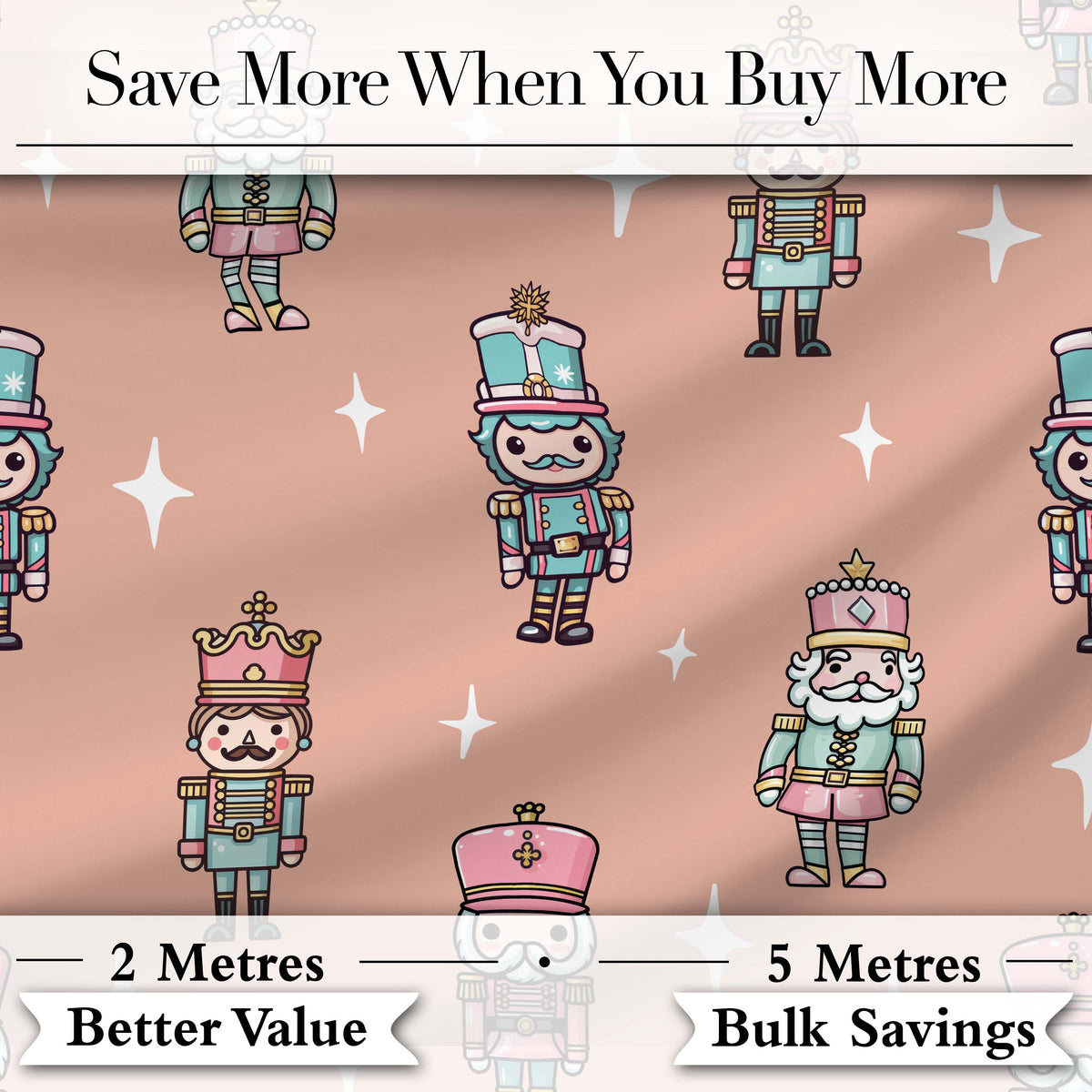Nutcracker Soldiers Pastel Christmas Seamless Pattern Peach Background Digital Print Fabric by the Metre UK Sewing Quilting Textile