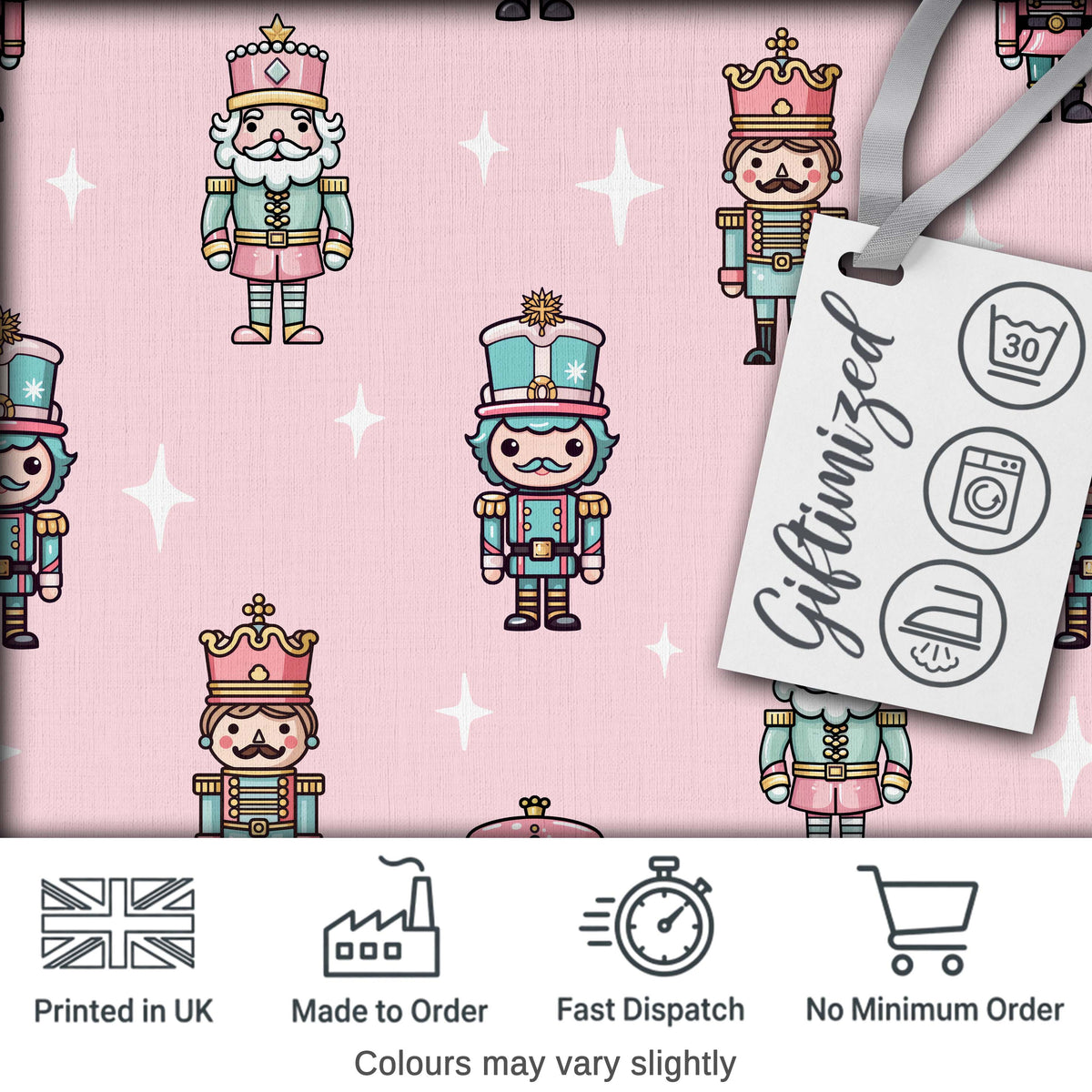 Nutcracker Soldiers Pastel Christmas Seamless Pattern Pink Background Digital Print Fabric by the Metre UK Sewing Quilting Textile