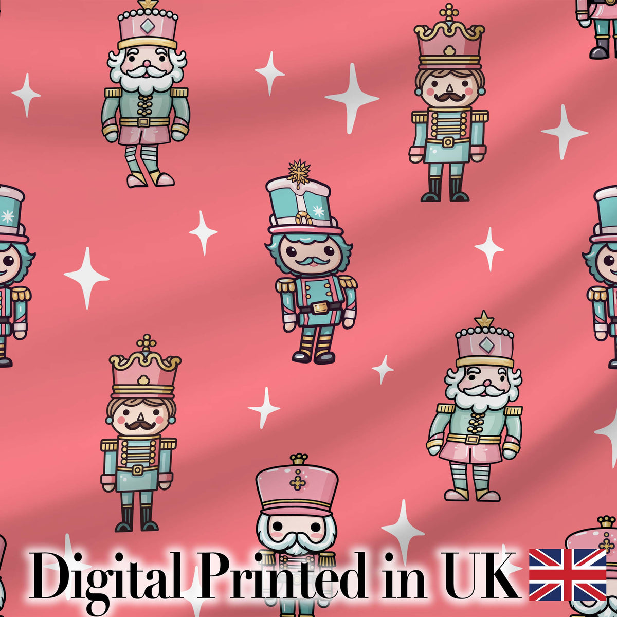 Pastel Nutcracker Soldiers Christmas Seamless Pattern Coral Background Digital Print Fabric by the Metre UK Sewing Quilting Textile