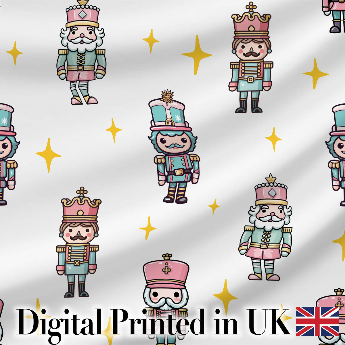 Pastel Nutcracker Soldiers Christmas Seamless Pattern White Star Background Digital Print Fabric by the Metre UK Sewing Quilting Textile