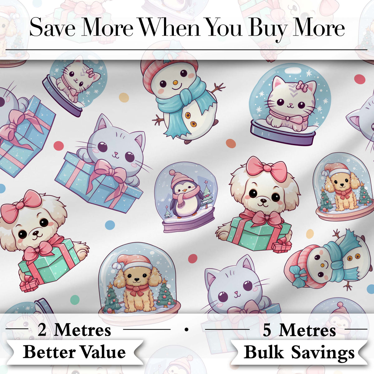 Cute Christmas Pets Snow Globe Snowman Gift Boxes Seamless Pattern Digital Print Fabric by the Metre UK Sewing Quilting Textile