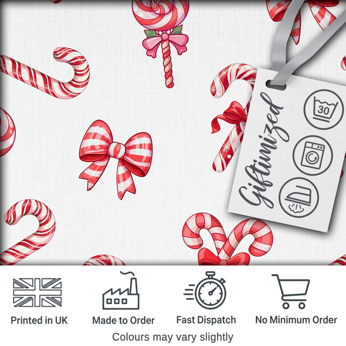 Cute Christmas Candy Cane and Ribbon Bow Sweet Treat Seamless Pattern Digital Print Fabric by the Metre UK Sewing Quilting Textile