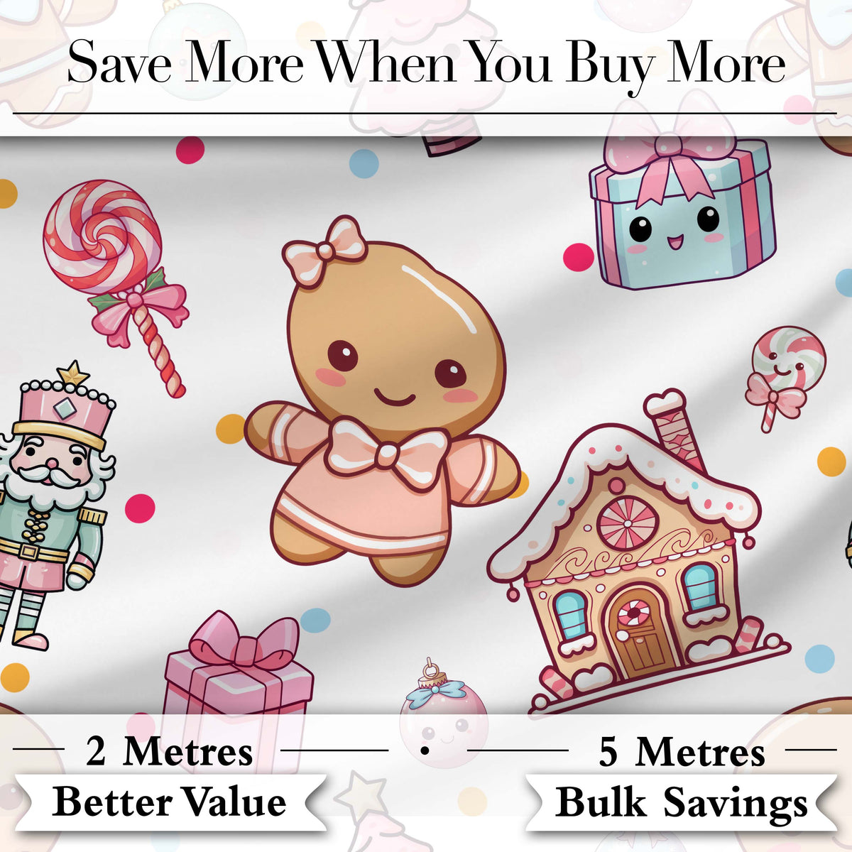 Cute Gingerbread Girl Candy House Lollipop Kawaii Christmas Seamless Pattern Digital Print Fabric by the Metre UK Sewing Quilting Textile