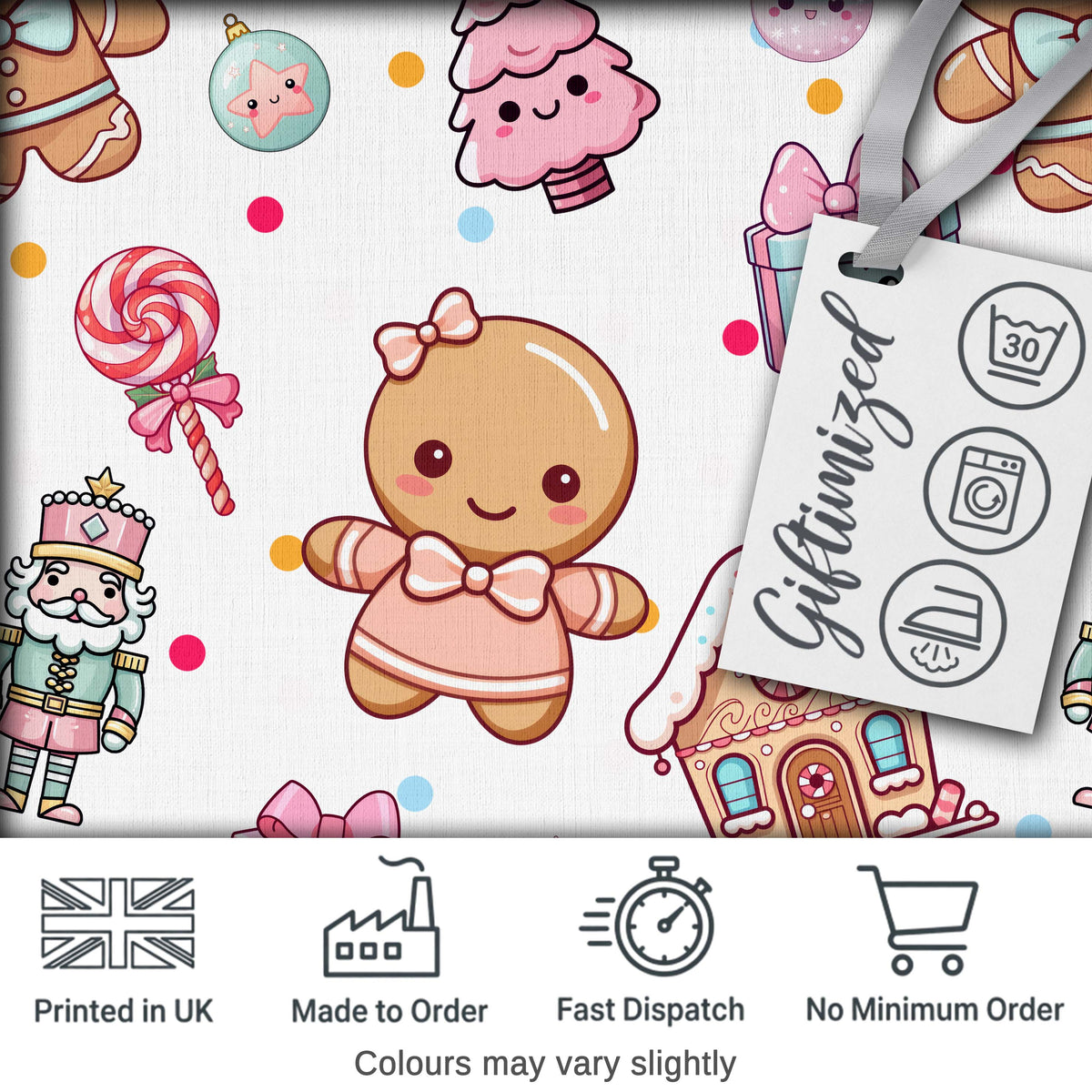 Cute Gingerbread Girl Candy House Lollipop Kawaii Christmas Seamless Pattern Digital Print Fabric by the Metre UK Sewing Quilting Textile