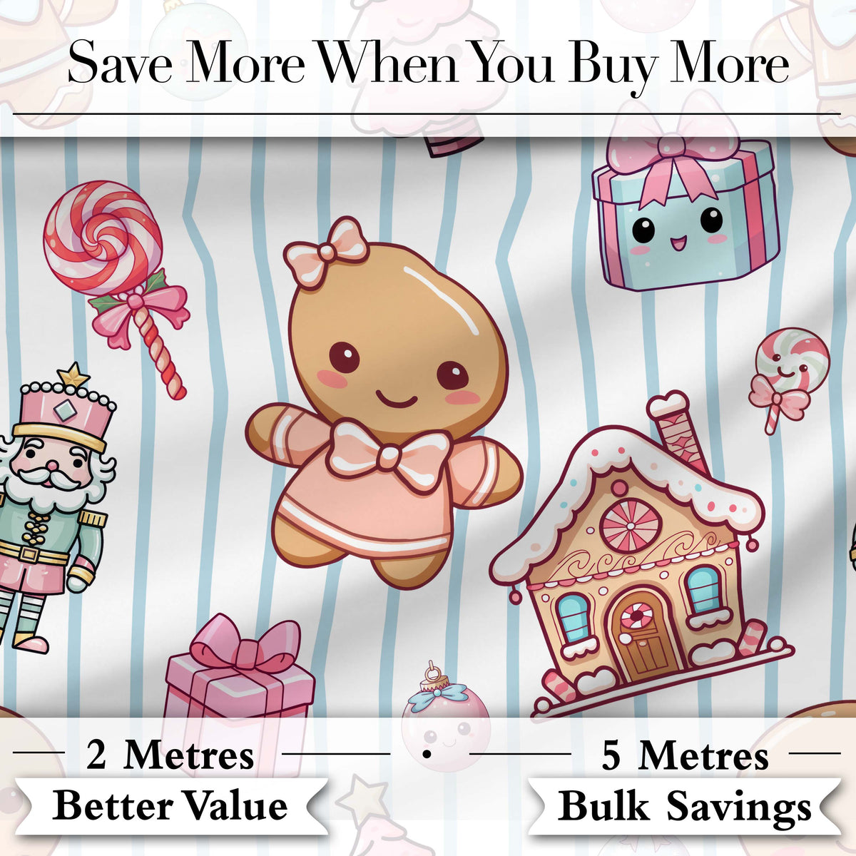 Cute Gingerbread Girl Candy House Blue Stripe Background Seamless Pattern Digital Print Fabric by the Metre UK Sewing Quilting Textile