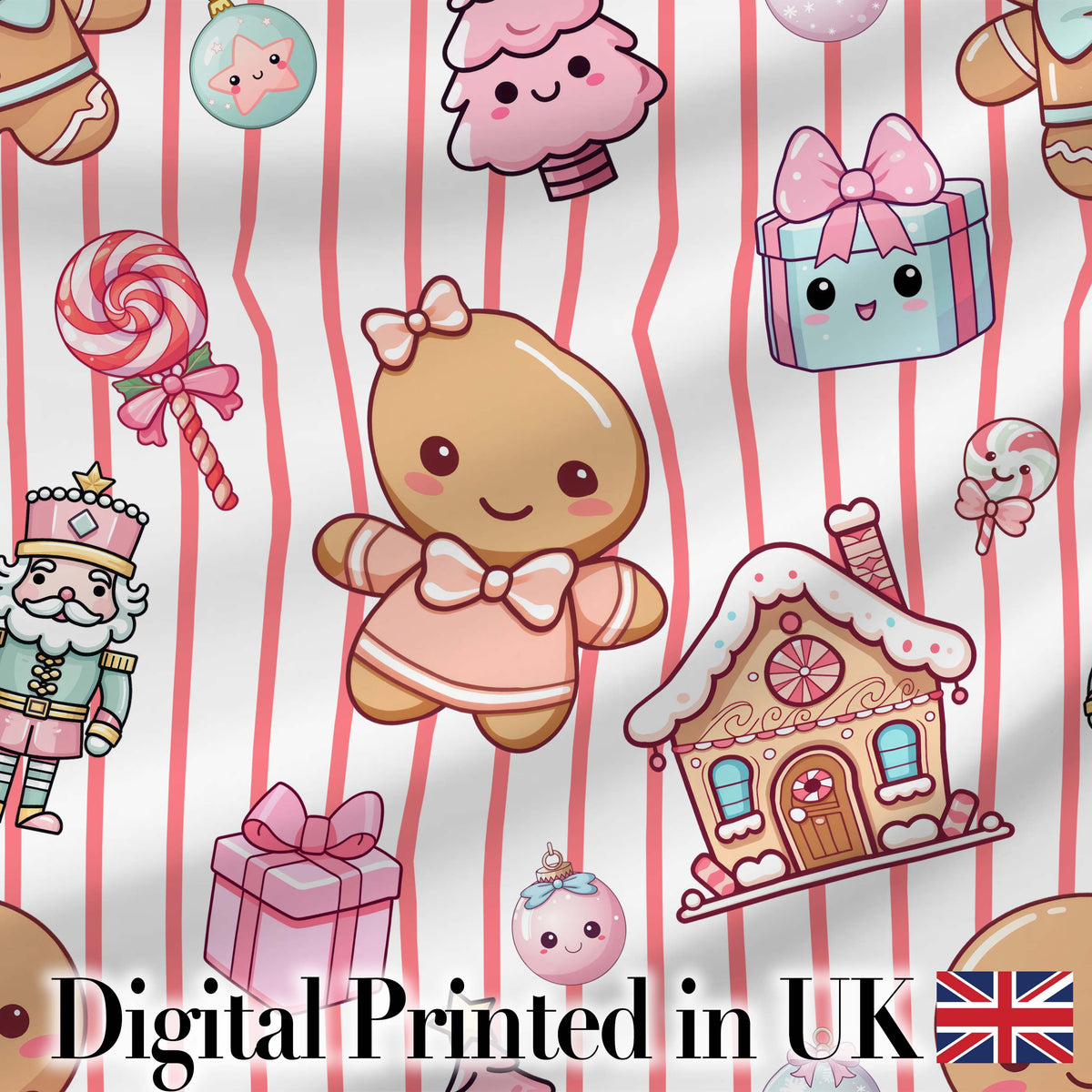 Cute Gingerbread Girl Candy House Pink Stripe Background Seamless Pattern Digital Print Fabric by the Metre UK Sewing Quilting Textile