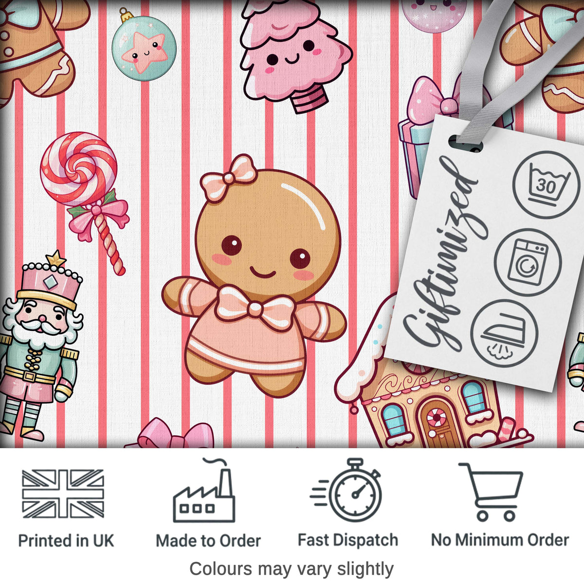 Cute Gingerbread Girl Candy House Pink Stripe Background Seamless Pattern Digital Print Fabric by the Metre UK Sewing Quilting Textile