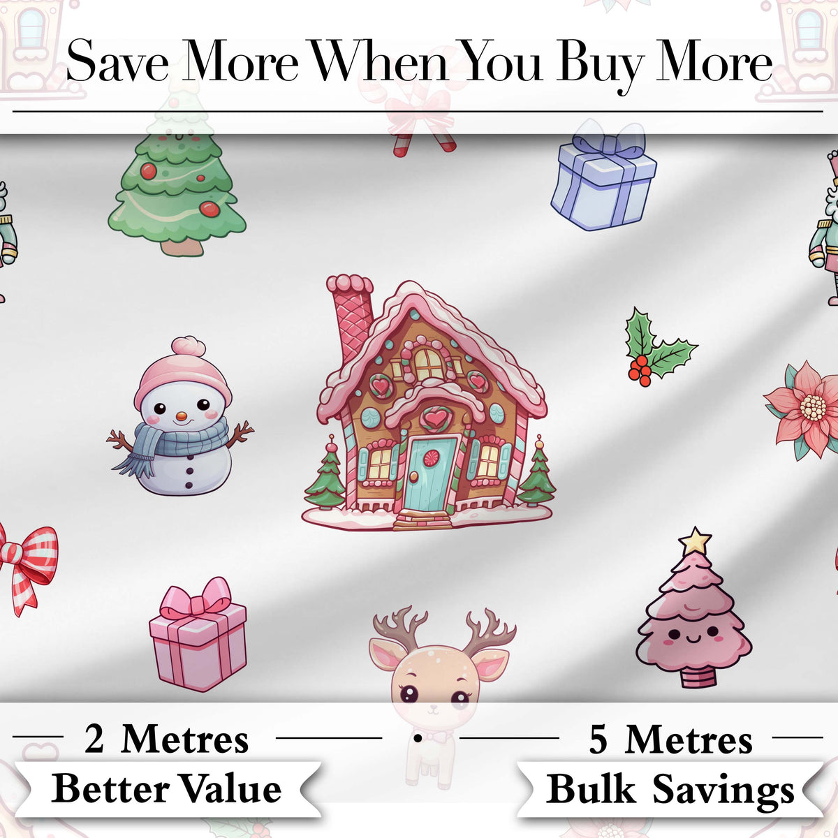 Cute Christmas Snowman Tree Gift Gingerbread House Seamless Pattern Digital Print Fabric by the Metre UK Sewing Quilting Textile