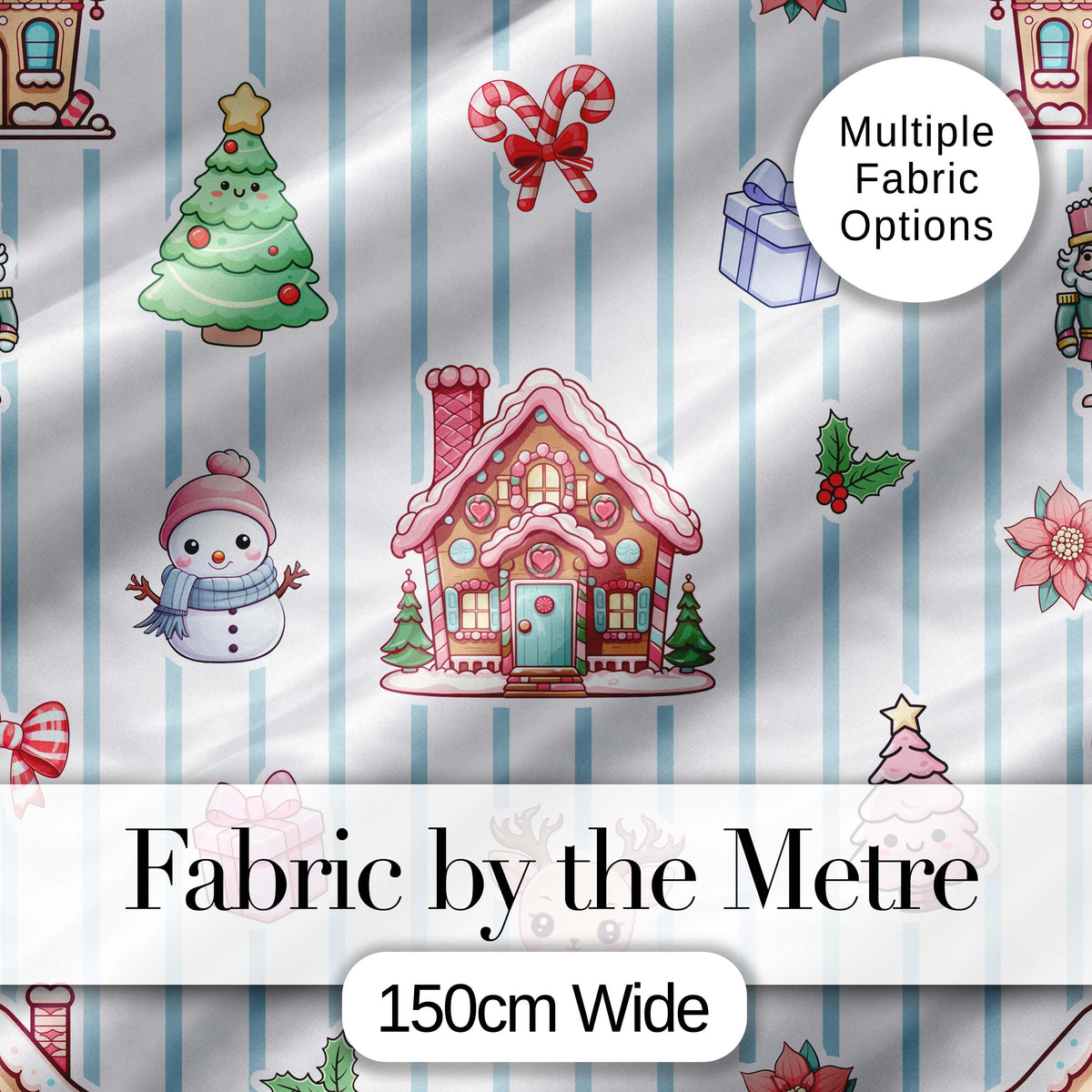 Cute Christmas Gingerbread House Snowman Tree Gift Blue Stripe Seamless Pattern Digital Print Fabric by the Metre UK Sewing Quilting Textile