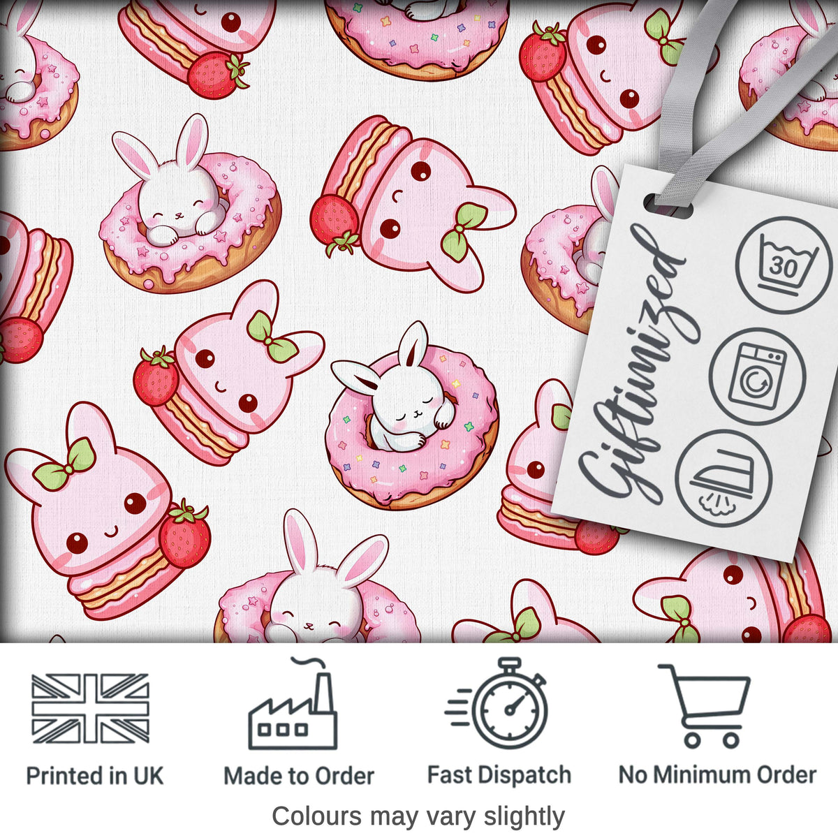 Cute Strawberry Bunny Donut Dessert Kawaii Sweet Seamless Pattern Digital Print Fabric by the Metre UK Sewing Quilting Textile