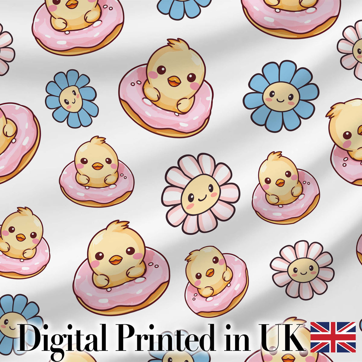 Cute Chick Donut Flower Kawaii Spring Sweet Seamless Pattern Digital Print Fabric by the Metre UK Sewing Quilting Textile