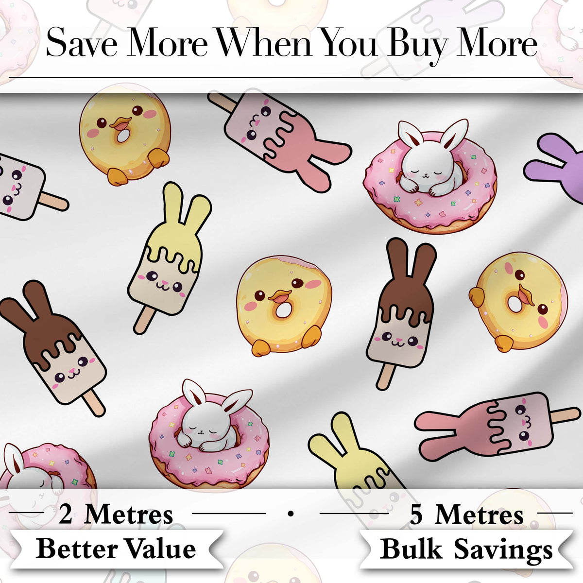 Cute Bunny Popsicle Donut Chick Kawaii Dessert Easter Seamless Pattern Digital Print Fabric by the Metre UK Sewing Quilting Textile