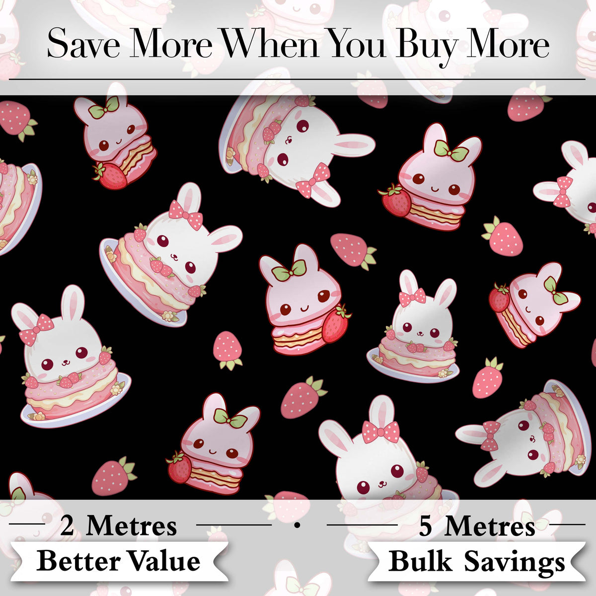 Cute Strawberry Bunny Macaron Dessert Kawaii Black Background Seamless Pattern Digital Print Fabric by the Metre UK Sewing Quilting Textile