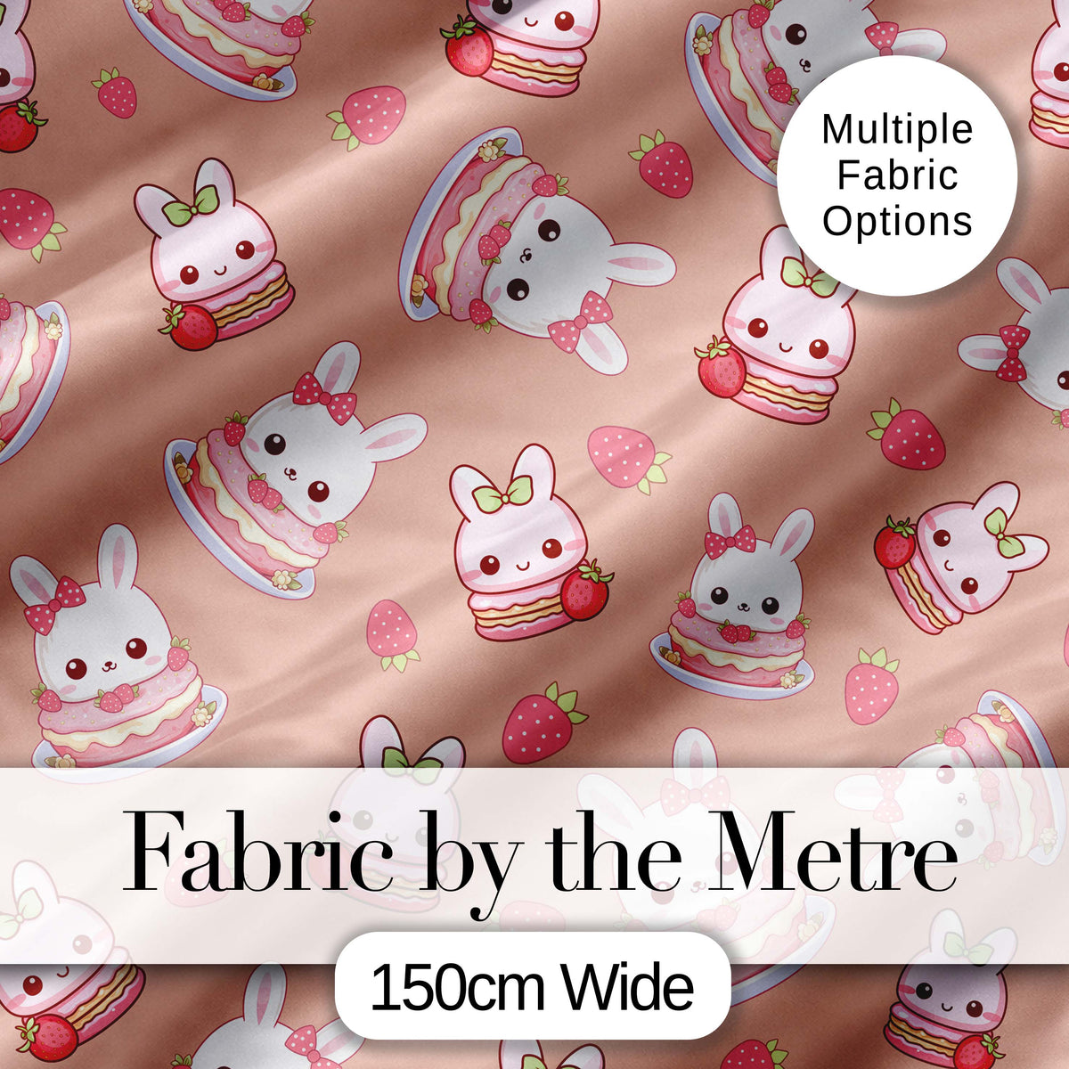 Cute Strawberry Bunny Macaron Dessert Kawaii Peach Background Seamless Pattern Digital Print Fabric by the Metre UK Sewing Quilting Textile