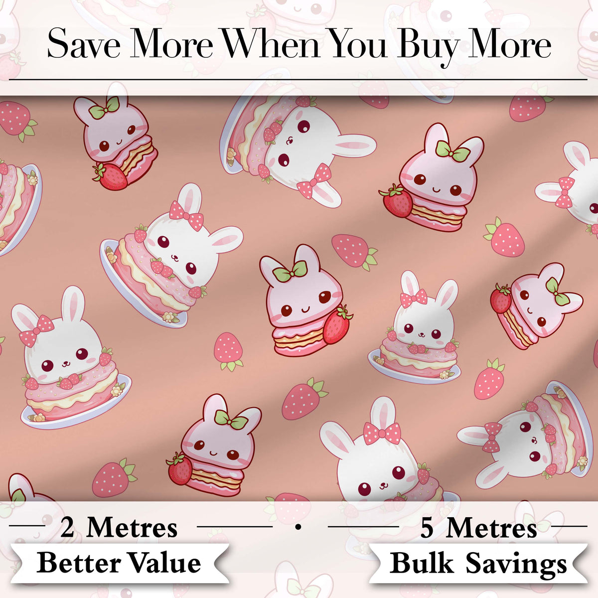 Cute Strawberry Bunny Macaron Dessert Kawaii Peach Background Seamless Pattern Digital Print Fabric by the Metre UK Sewing Quilting Textile