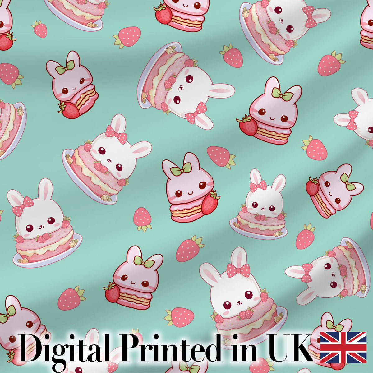 Cute Strawberry Bunny Macaron Dessert Kawaii Mint Background Seamless Pattern Digital Print Fabric by the Metre UK Sewing Quilting Textile