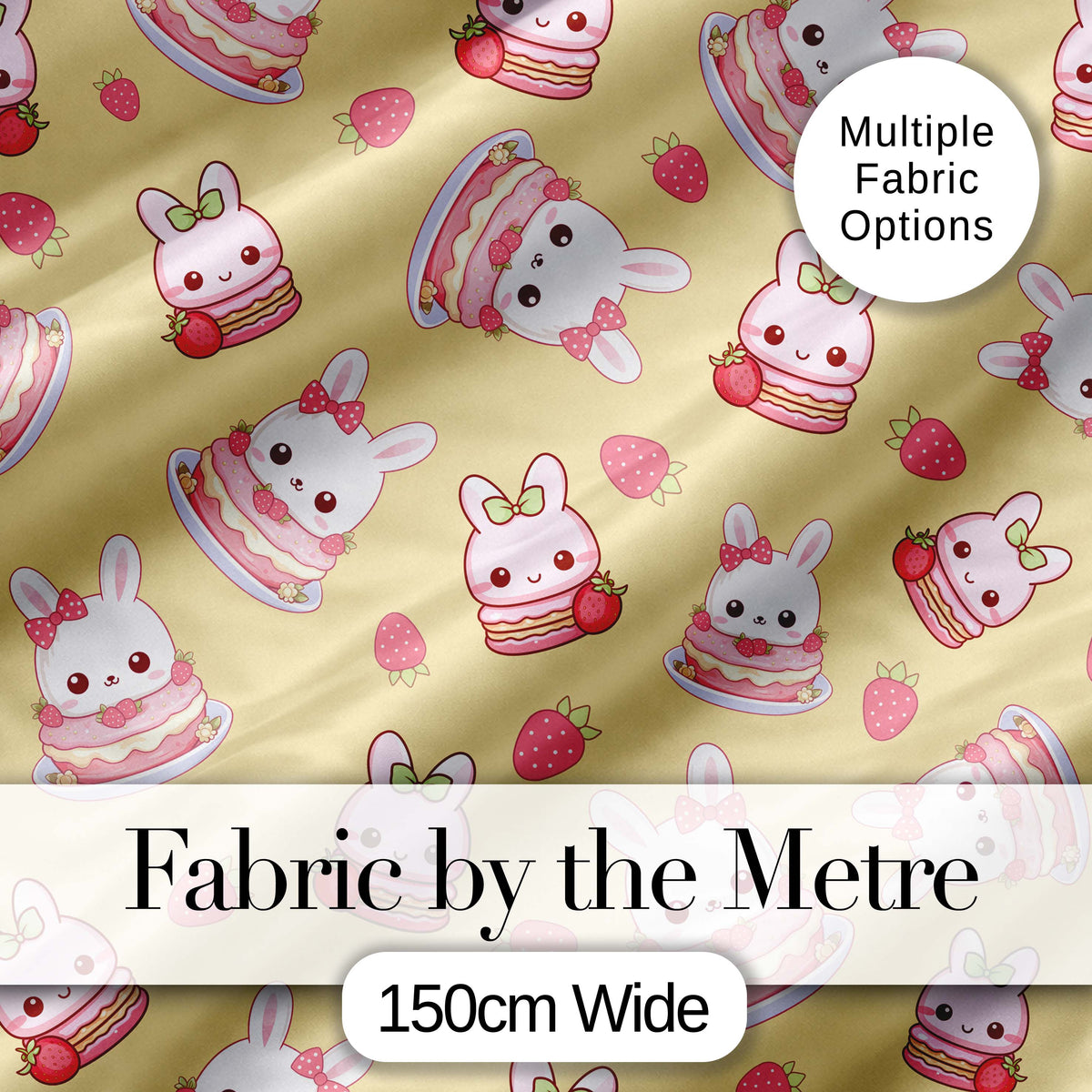 Cute Strawberry Bunny Macaron Dessert Kawaii Yellow Background Seamless Pattern Digital Print Fabric by the Metre UK Sewing Quilting Textile