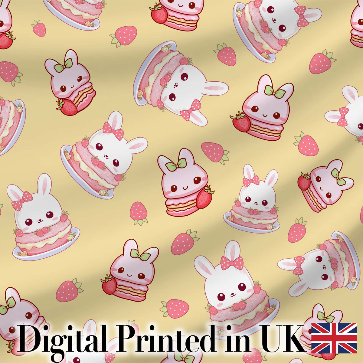 Cute Strawberry Bunny Macaron Dessert Kawaii Yellow Background Seamless Pattern Digital Print Fabric by the Metre UK Sewing Quilting Textile