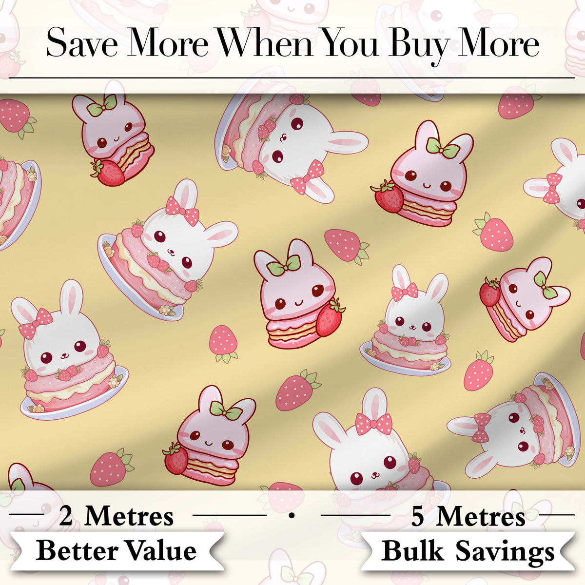Cute Strawberry Bunny Macaron Dessert Kawaii Yellow Background Seamless Pattern Digital Print Fabric by the Metre UK Sewing Quilting Textile