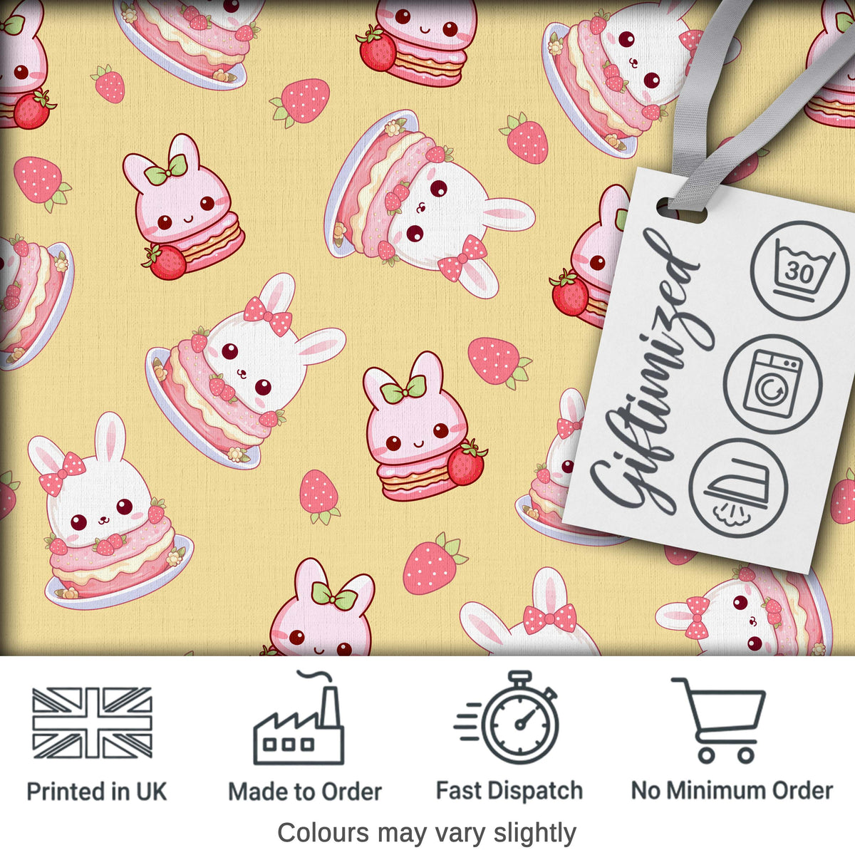 Cute Strawberry Bunny Macaron Dessert Kawaii Yellow Background Seamless Pattern Digital Print Fabric by the Metre UK Sewing Quilting Textile