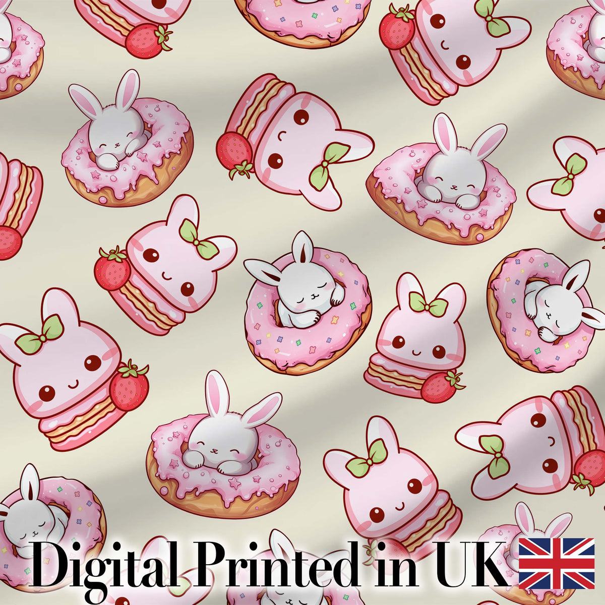 Cute Bunny Donut Strawberry Dessert Kawaii Cream Background Seamless Pattern Digital Print Fabric by the Metre UK Sewing Quilting Textile