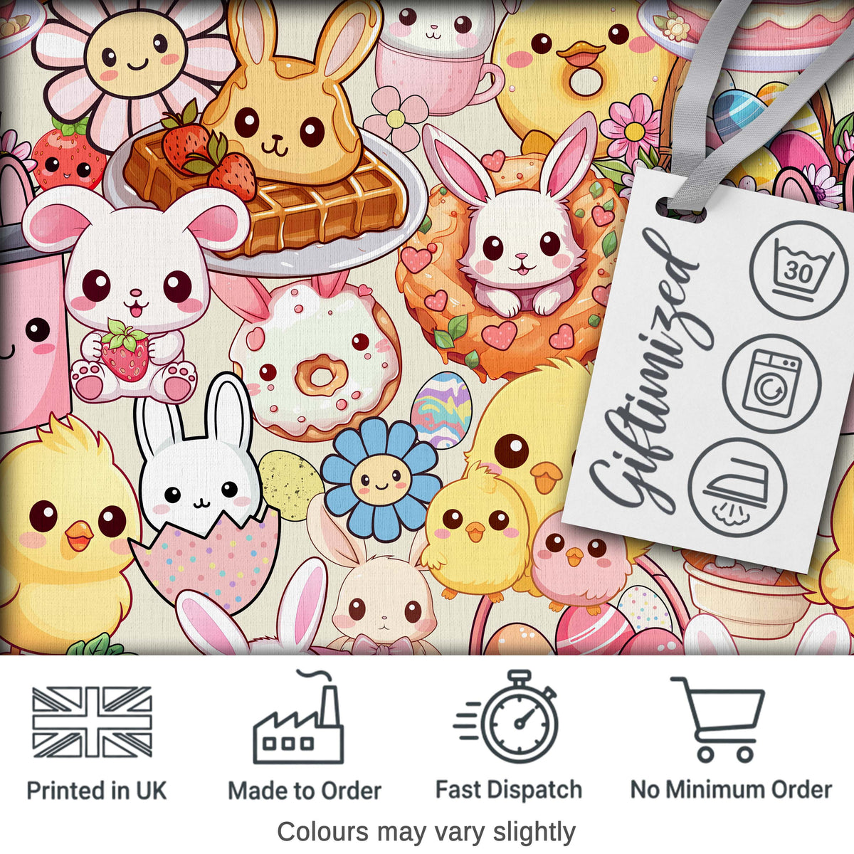 Easter Bunny Donut Basket Kawaii Pastel Cream Background Seamless Pattern Digital Print Fabric by the Metre UK Sewing Quilting Textile