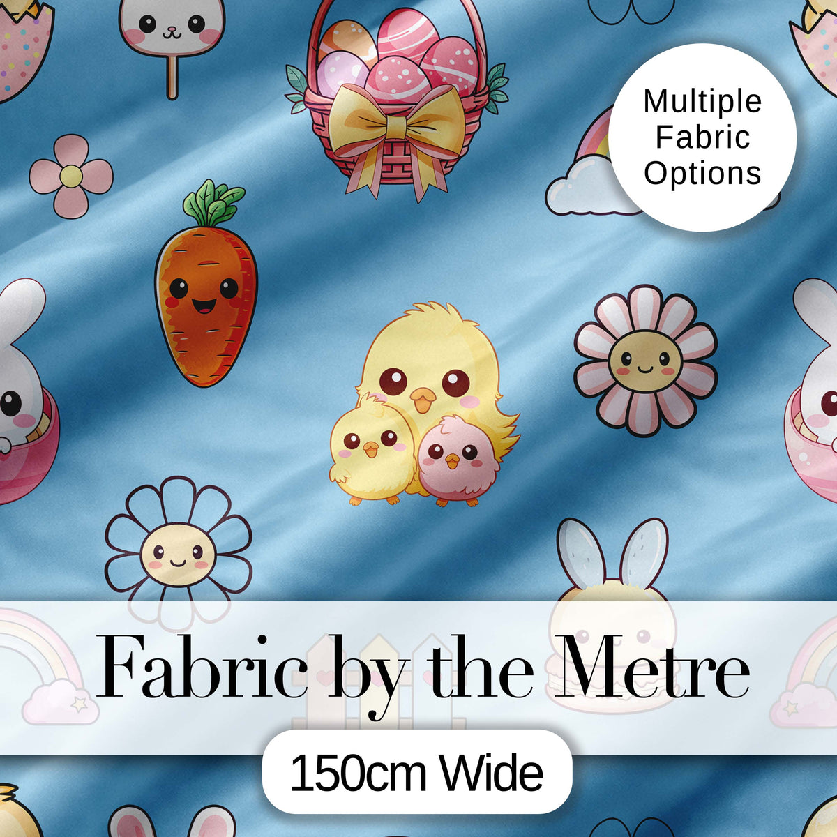 Easter Chick Bunny Carrot Rainbow Fence Kawai Blue Background Seamless Pattern Digital Print Fabric by the Metre UK Sewing Quilting Textile