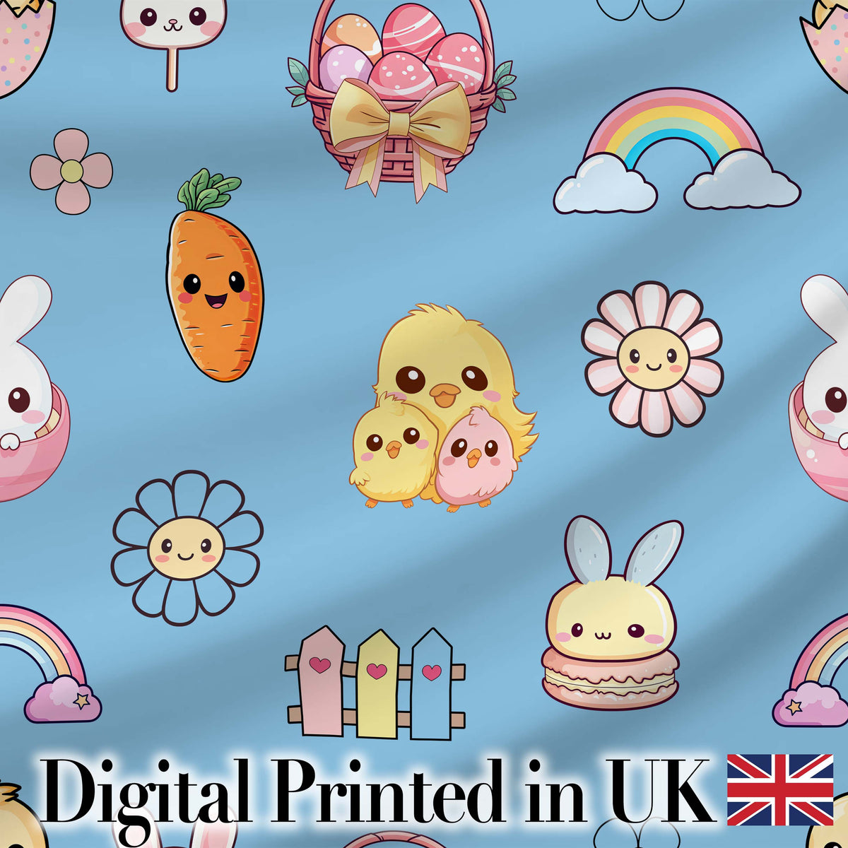 Easter Chick Bunny Carrot Rainbow Fence Kawai Blue Background Seamless Pattern Digital Print Fabric by the Metre UK Sewing Quilting Textile