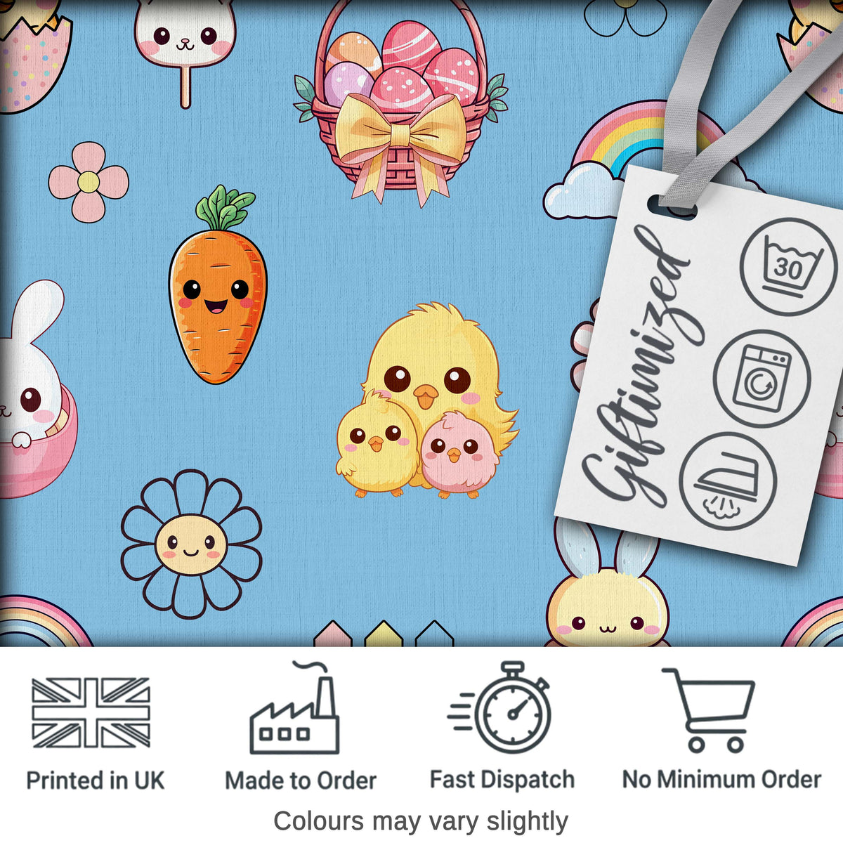Easter Chick Bunny Carrot Rainbow Fence Kawai Blue Background Seamless Pattern Digital Print Fabric by the Metre UK Sewing Quilting Textile