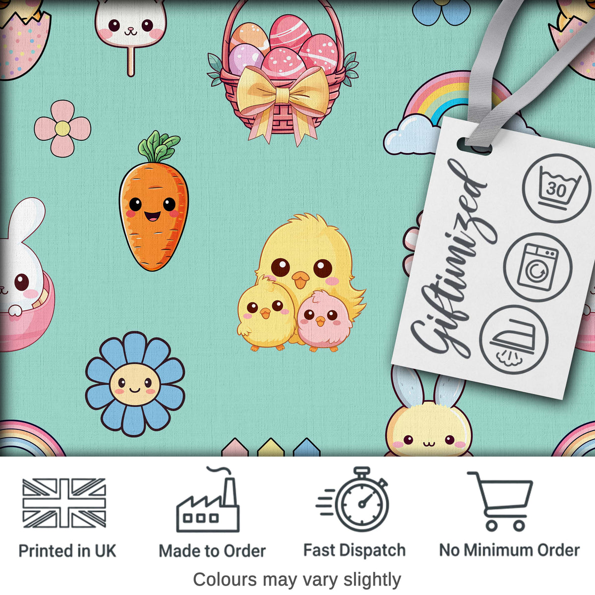 Easter Chick Bunny Carrot Rainbow Fence Kawai Mint Background Seamless Pattern Digital Print Fabric by the Metre UK Sewing Quilting Textile