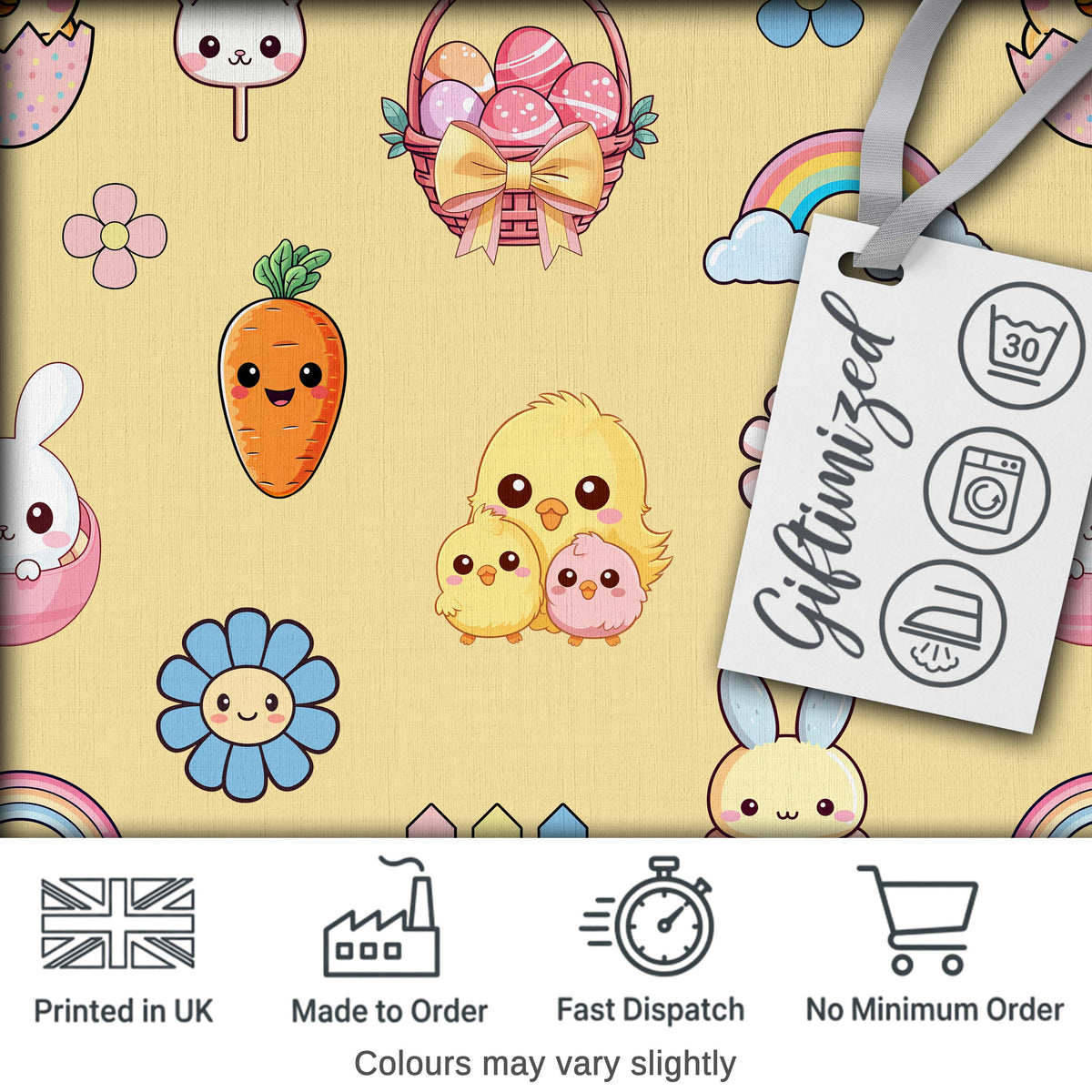 Easter Chick Bunny Carrot Rainbow Flower Yellow Background Seamless Pattern Digital Print Fabric by the Metre UK Sewing Quilting Textile