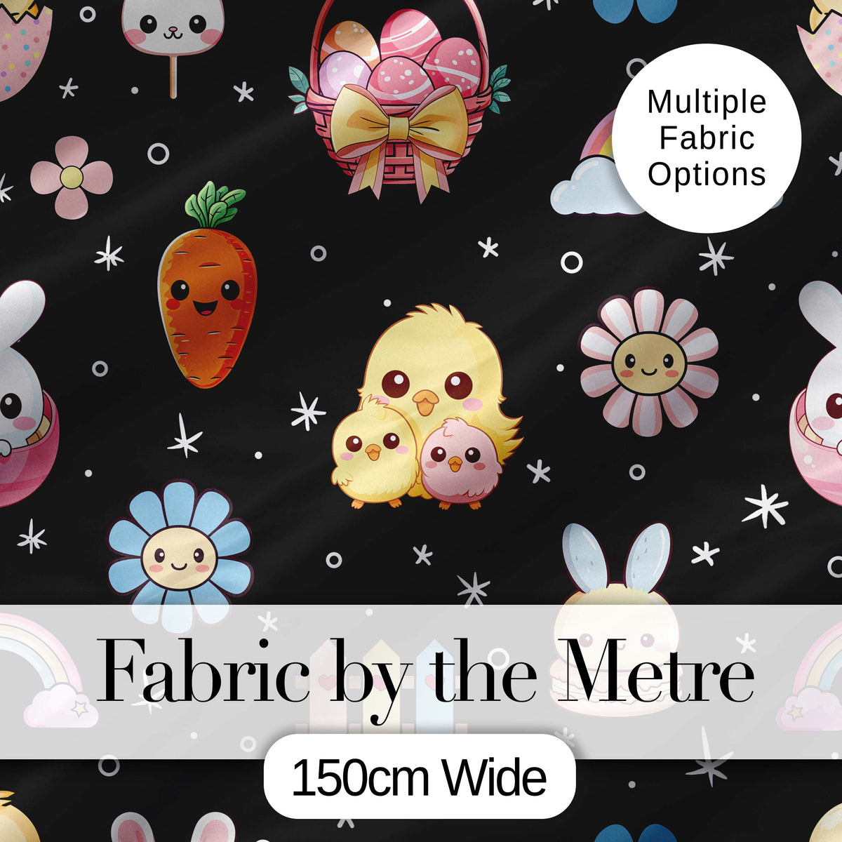 Easter Chick Bunny Carrot Rainbow Black Starry Background Seamless Pattern Digital Print Fabric by the Metre UK Sewing Quilting Textile