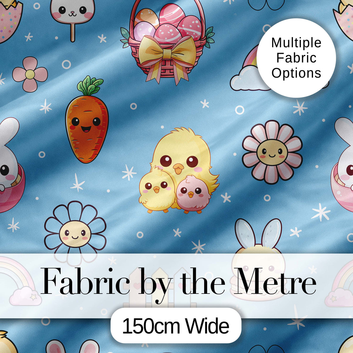 Easter Chick Bunny Carrot Rainbow Flower Sky Blue Background Seamless Pattern Digital Print Fabric by the Metre UK Sewing Quilting Textile