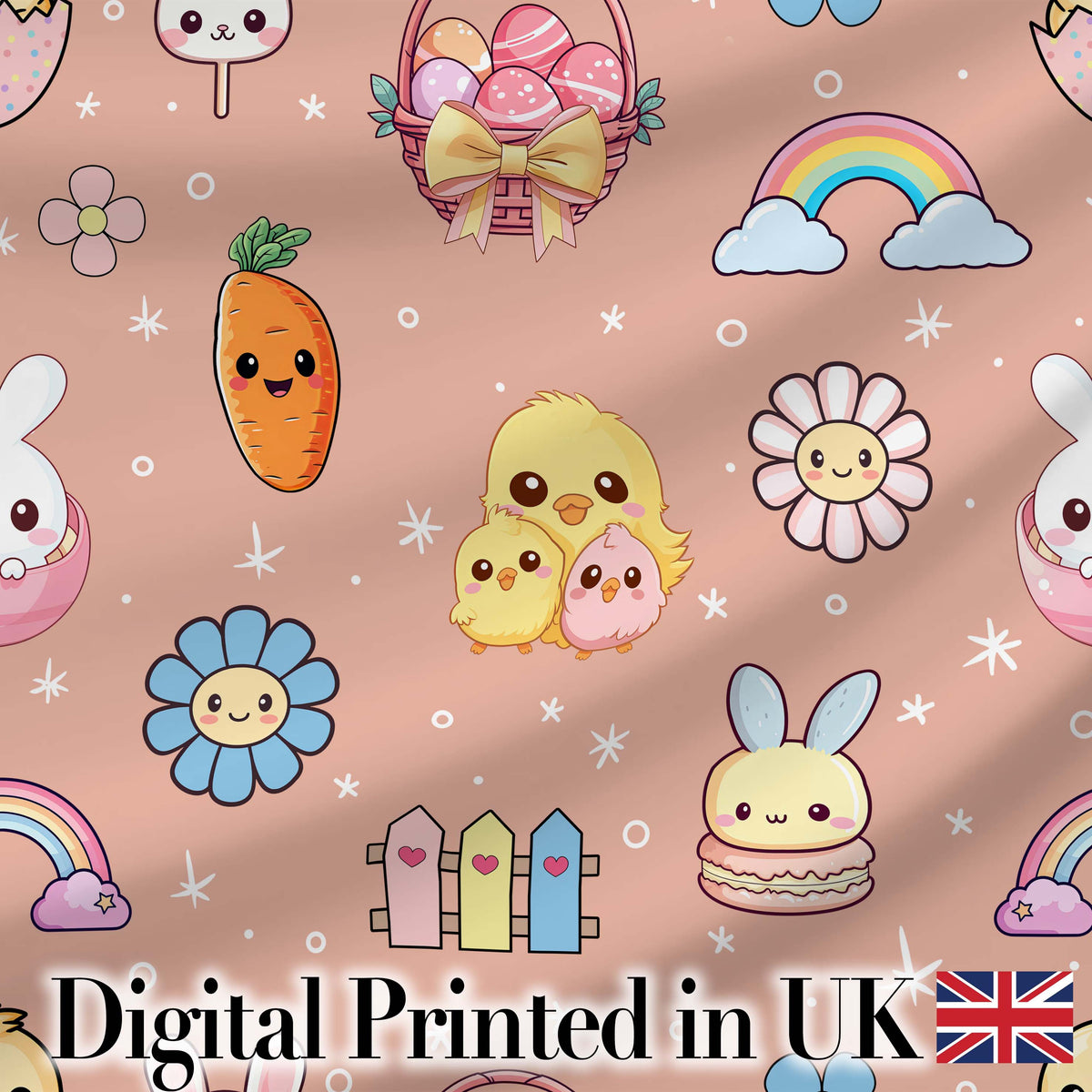 Easter Chick Bunny Carrot Rainbow Flower Peach Background Seamless Pattern Digital Print Fabric by the Metre UK Sewing Quilting Textile