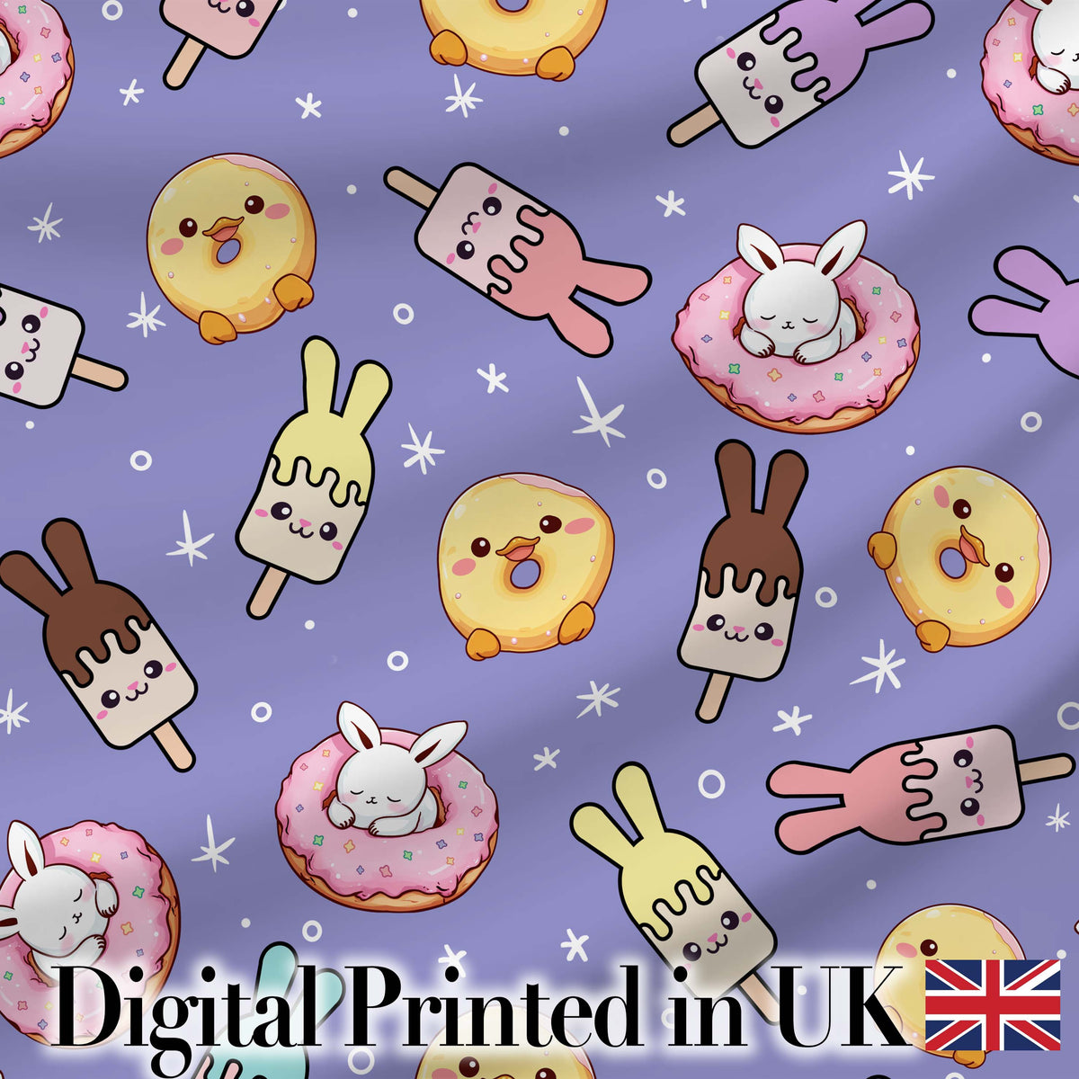 Cute Easter Bunny Ice Cream Donut Chick Kawaii Purple Star Background Seamless Pattern Digital Print Fabric by the Metre UK