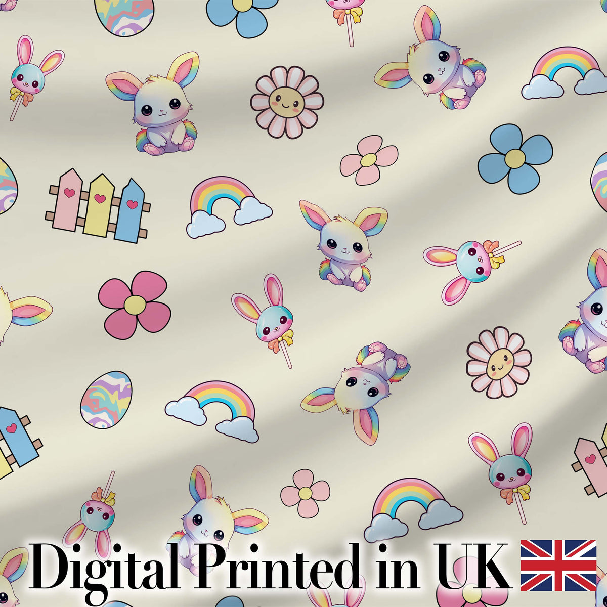 Cute Rainbow Bunny Flower Egg Pastel Kawaii Cream Background Seamless Pattern Digital Print Fabric by the Metre UK