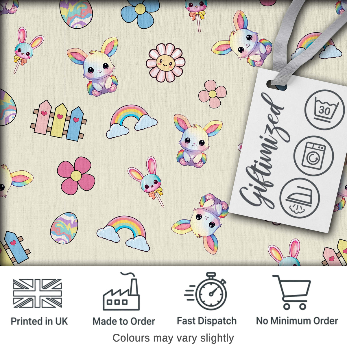 Cute Rainbow Bunny Flower Egg Pastel Kawaii Cream Background Seamless Pattern Digital Print Fabric by the Metre UK
